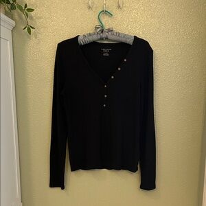 American Eagle Outfitters Black Long Sleeve Waffle Henley Top